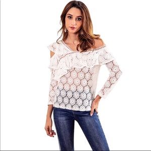 One shoulder feminine lace summer semi sheer top